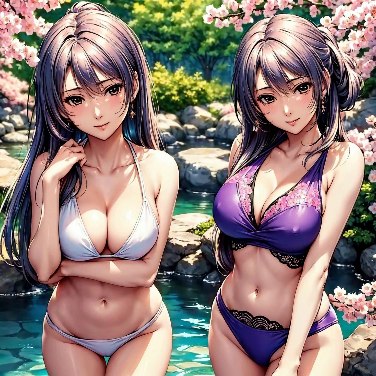 (top-quality、masterpiece、very high res、Super high resolution High quality detail 1.5)、A woman of perfect and ultimate beauty(18 years old 1.5)、Realistic portraits、Beautiful breasts with a slender body shape(F Cup 1.5)、Beautiful body、美丽的面容、Beautiful hair、Realistic textured skin and、Wearing a bikini swimsuit、Bikinis come with colors and patterns、Bright smile、Hair flutters under the influence of the wind、Open-air bath with beautiful cherry blossoms、Mysterious hot springs、Beautiful Landscapes、(accurate detail、the detailed images、Accurate images、Perfect Image 1.5)、、beautiful anime woman, Beautiful Art Style, an animated character、The whole picture、Detailed picture、accurate anatomy、Defect-free images、natural soft light、beautiful image、extremely detailed picture、(Best Shot 1.2)