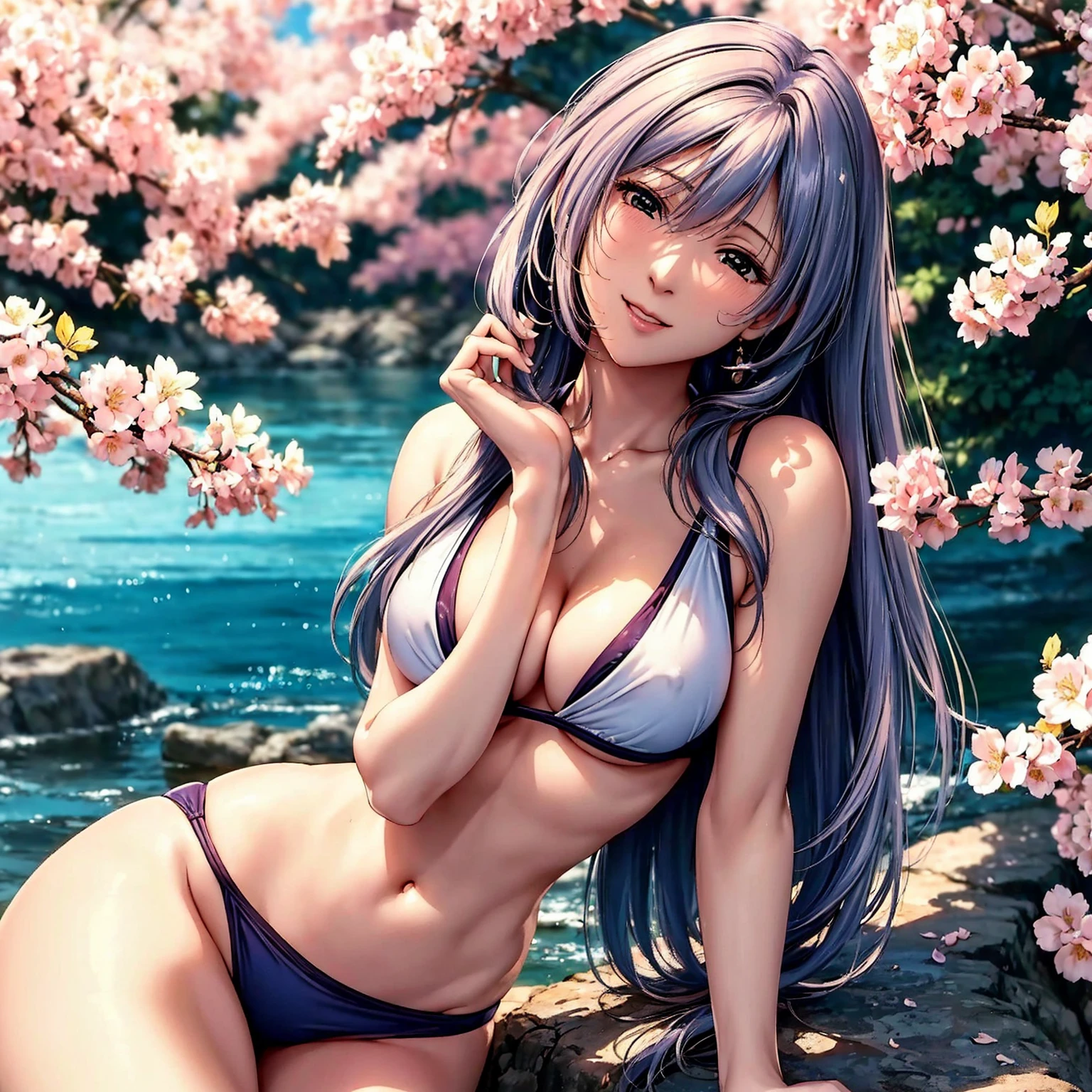(top-quality、masterpiece、very high res、Super high resolution High quality detail 1.5)、A woman of perfect and ultimate beauty(18 years old 1.5)、Realistic portraits、Beautiful breasts with a slender body shape(F Cup 1.5)、Beautiful body、美丽的面容、Beautiful hair、Realistic textured skin and、Wearing a bikini swimsuit、Bikinis come with colors and patterns、Bright smile、Hair flutters under the influence of the wind、Open-air bath with beautiful cherry blossoms、Mysterious hot springs、Beautiful Landscapes、(accurate detail、the detailed images、Accurate images、Perfect Image 1.5)、、beautiful anime woman, Beautiful Art Style, an animated character、The whole picture、Detailed picture、accurate anatomy、Defect-free images、natural soft light、beautiful image、extremely detailed picture、(Best Shot 1.2)