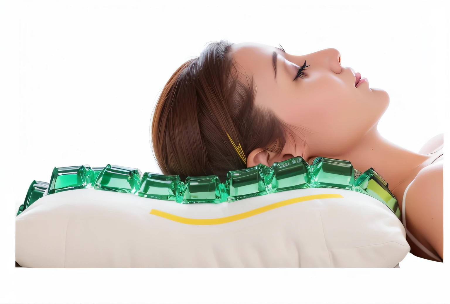 Arafad woman lying on pillow,Pillows with green and yellow cushions, high-angle view, angle view, back, attractive neck, she's lying on her back, with spinal crown, crystal, neck zoomed in, Cole, neck up, soft volume absorbation, Side view, Side view, amber, banya