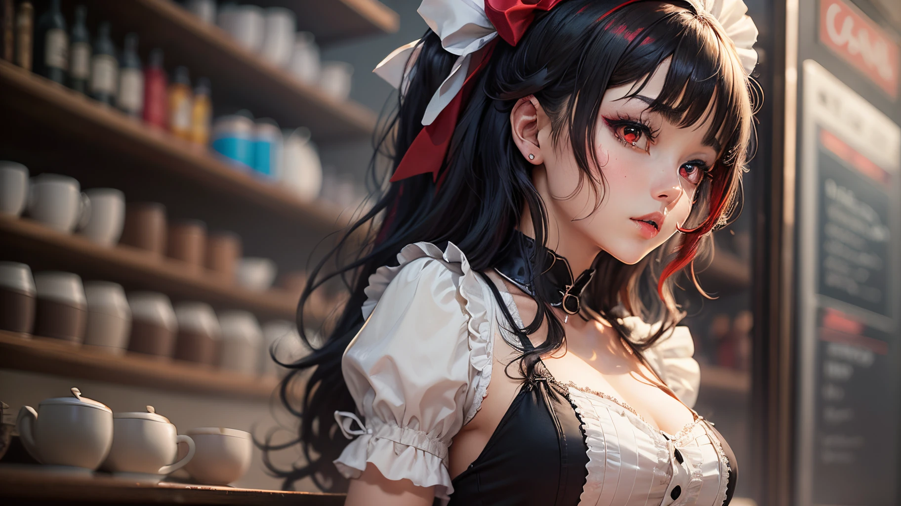 Anime woman with black hair, red highlights, red eyes, wearing a maid outfit, cafe background. --auto --s2