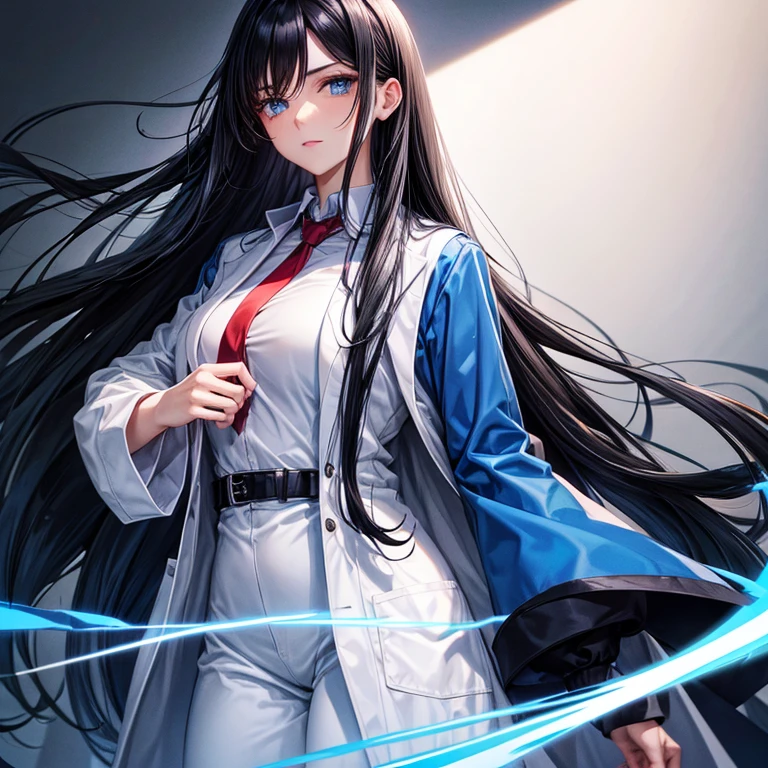Long straight black hair, blue eyes, lab coat, beautiful woman