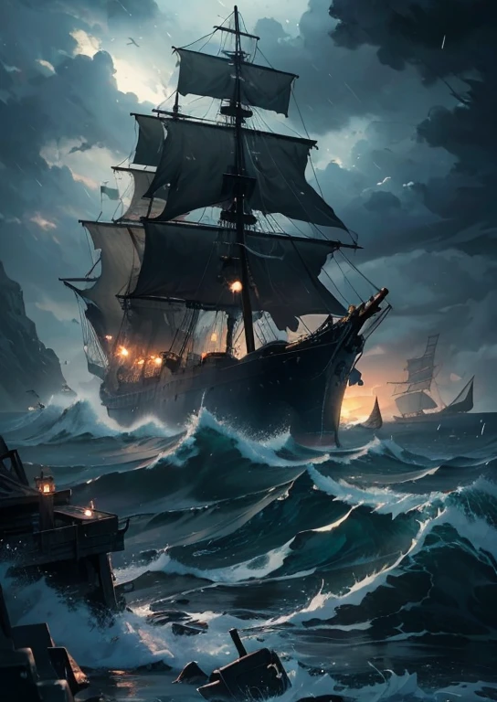 masterpiece、hightquality、Landscape painting、Detailed landscape painting、Very dark sky、black clouds、In the darkness、a dark night、Wide ocean、Ōlan、Detailed heavy rain、Detailed raindrops、Detailed intense lightning、Detailed lightning、The sea is very intense and rough、Very large waves、A decaying ghost ship wandering through a thunderstorm、Detailed battered ghost ship、A crumbling ghost ship、Black Ghost Ship、The ghost ship is heavily tilted、Black fog around the ghost ship、Black aura、Island in the distance々Looks