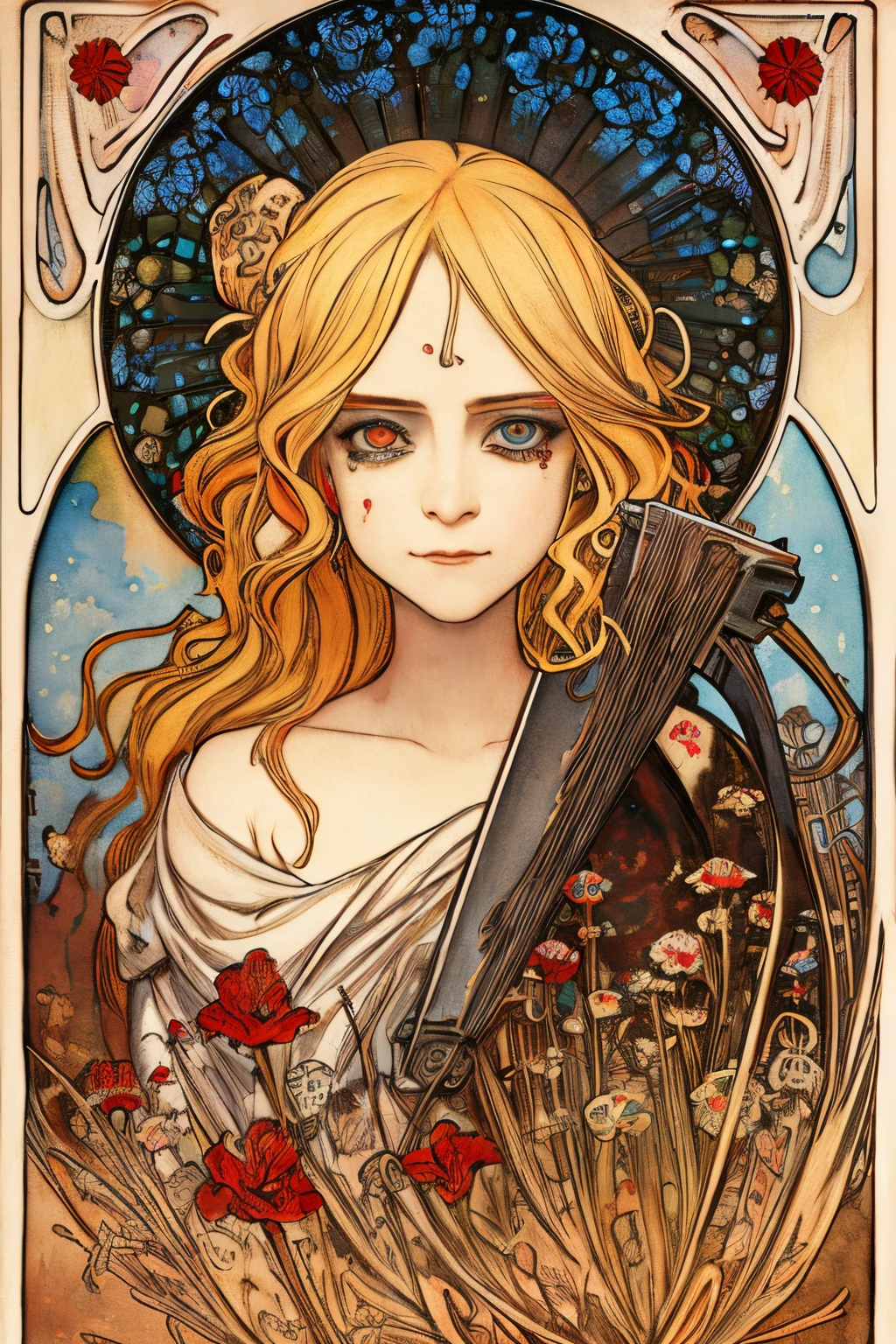 SFW,masutepiece, Best Quality, High resolution, 1girl, upper body, Details , detail hands, Detail fingers, Detail Face, detail legs, watercolor paiting, in graveyard, blonde hair, long hair, wavy hair, tattered clothes, blue eyes, zombie, skull, bone, (art nouveau:1.25), Maximalism artstyle, neon theme, suprematism, crying, beautiful detailed eyes,hyper detailed, beautifuly color, high details, high quality, back light, upper body , high quality, hair with body, cluster amaryllis, zombie, knife,