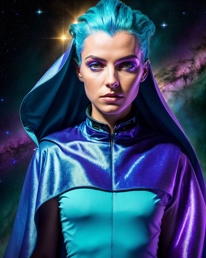 (spacealien,androgynous female,perfect body,dramatic,androXF IQ4,150MP,50mm,ISO 1000,1/250s,natural light,Adobe Lightroom,photolab,Affinity Photo,PhotoDirector 365),vibrant colors,extravagant costume,golden crown,purple cape,cosmic background,star clusters,intergalactic travel