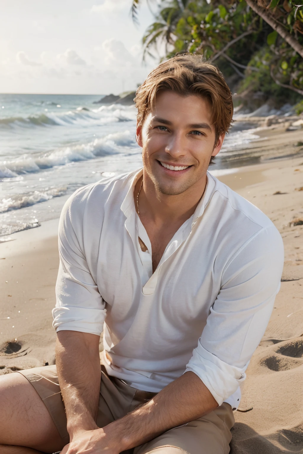"Please create an image of a man in his 30s, very handsome, light hair, a relaxed and attractive look. The scene should be him sitting on a beach, smiling. Make sure to capture the light and cheerful atmosphere from beach."
the image must have only one man.