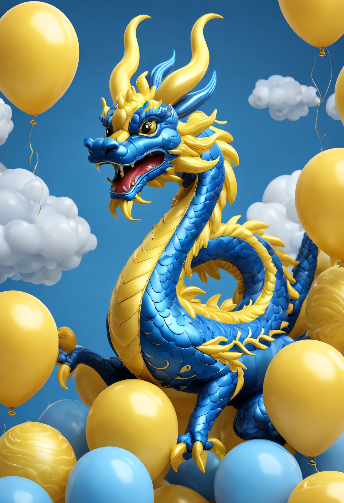(balloon art design),(Balloon animal design),(Chinese flying dragon made from blue and yellow balloons),Engraved pattern,Complex and gorgeous CG style, hyper detailed 3d render,, c4d, Rendered by Octane, Blander, 8K, k hd, com mascot,Holographic blue and yellow auspicious cloud texture background