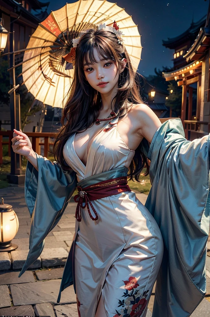 (masutepiece:1.3, Photorealsitic:1.4, 8K), top-quality, masterpiece, 超A high resolution, Professional camera work, Grow Light Effect, Realistic portrait, Cinematic Light, Highly detailed skin and facial texture:1.3, The ultra-detailliert, A detailed eye, Detailed limbs, autumn night, Precincts of the shrine:1.2, Autumn foliage scenery:1.2, 1girl in, Cute sexy 22 year old slim woman, Fair skin, ((Natural smile:0.9, Totally captivates you:1.0)), (Facing the front, Calm pose), ((accurate shrine maiden costume)), ((voluptuous breasts:0.9)), (Beautiful blue eyes, Eyes that feel beautiful eros:0.85), Sexy face:0.4, (A mouthfeel that feels beautiful eros:0.85), ((Too cute beauty:0.9))
