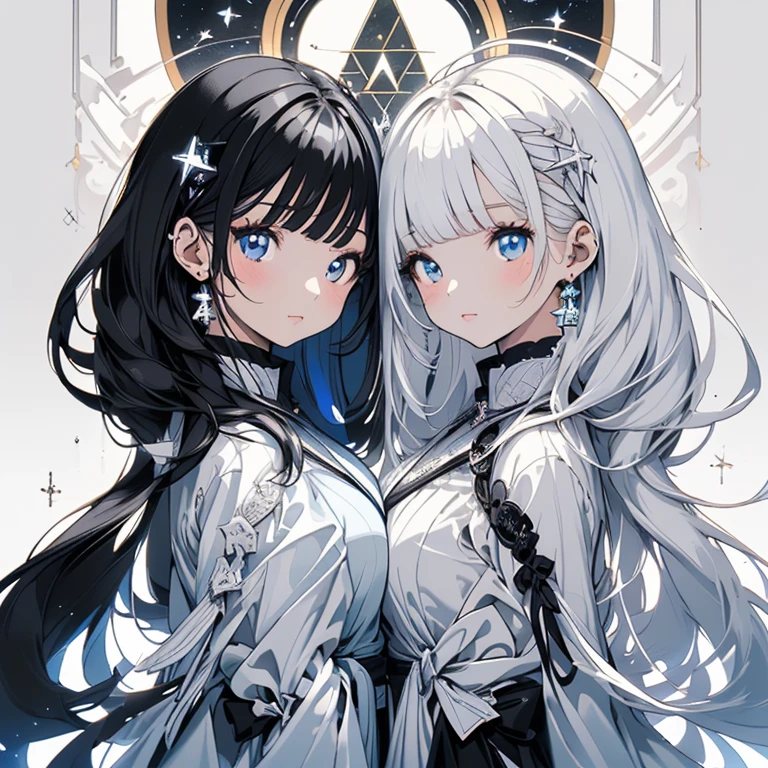 ((​masterpiece、top-quality:1.5、a high chroma:1.5、ultra-detailliert、high-resolution illustrations:1.5、Ultra-high-definition CG、8k size wallpaper、offcial art))、(2girls、twin princess sisters),(yuri),(cute face:1.5)、(clear face:1.3),(Shining eyes:1.5)
 ((black-only color scheme clothes:1.5)), ((white-only color scheme clothes:1.5)),(sexy body),(One is only black and the other is only white),(contrasting color wizard clothes),(), ((medium breasts))、
,(The background is a triple structure of bright colors, luminous pentagrams, luminous creatures, and luminous circles,)、midjourney
