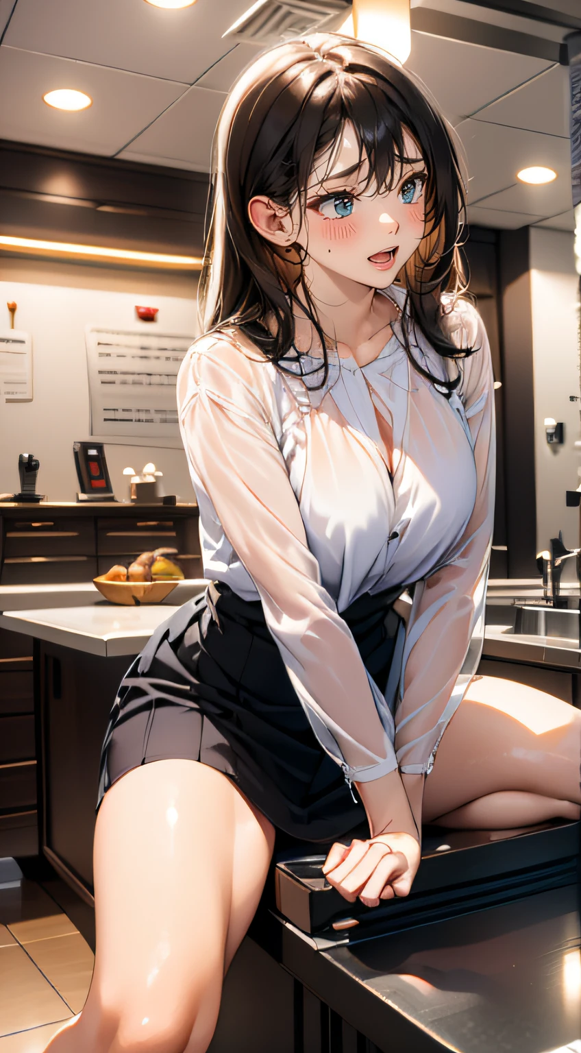 proportions of body parts, cream skirt, lace, (see through thin blouse), lace bra detail is visible, (straddling to hit the crotch on counter edge), open mouth, open legs, raise leg, ecstasy face, blush, masturbation, in the lobby, ceiling, floor,