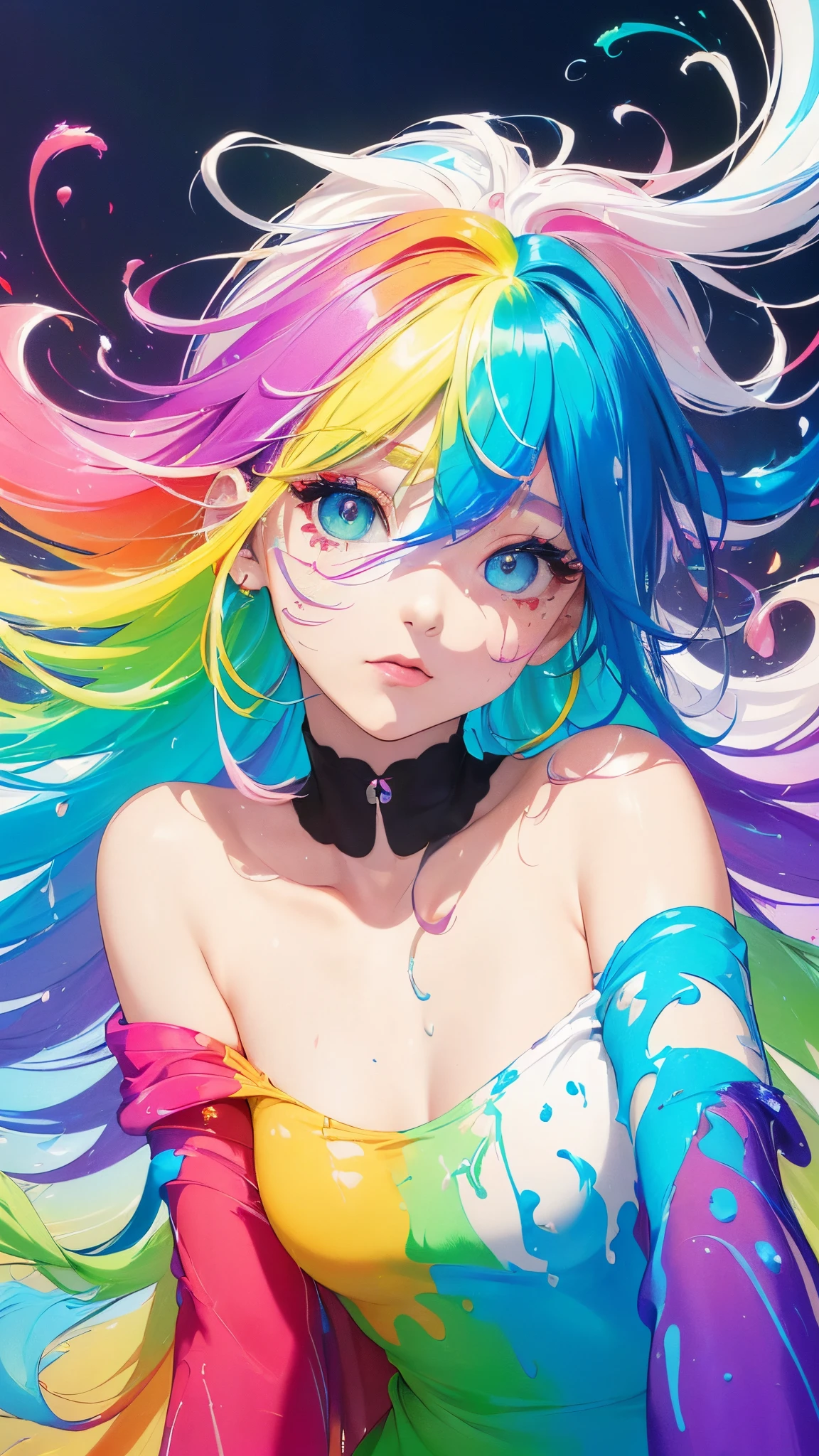 （Pink Fashion T-shirt：1.9），(Colorful hair: 1.8), (all the colours of the rainbow: 1.8),(((((vertical painting：1.6))), （painting：1.6），front, comics, illustrations, paintings, large eyes, crystal clear eyes,（ rainbow color gradient high ponytail：1.7）, exquisite makeup, closed mouth,(Small Fresh: 1.5),(Wipe Chest: 1.6) ，long eyelashes, white off shoulder T-shirt,  White Shoulder Shirt，looking at the audience, large watery eyes, (rainbow colored hair：1.6), color splash, （solo：1.8）, color splash, color explosion, thick paint style, messy lines, ((shining))，(colorful), (colorful), (colorful), colorful, Thick Paint Style, (Splash) (Color Splash), Vertical Painting, Upper Body, Paint Splash, Acrylic Pigment, Gradient, Paint, Highest Image Quality, Highest Quality, Masterpiece, Solo, Depth of Field, Face Paint,  colorful clothes, (Elegant: 1.2), gorgeous,long hair, wind, (Elegant: 1.3), (Petals: 1.4)，(((masterpiece))),(((best quality))),((ultra-detailed)),(illustration),(dynamic angle),((floating)),(paint),((disheveled hair)),(solo),(1girl) , (((detailed anima face))),((beautiful detailed face)),collar,bare shoulders,white hair, ((colorful hair)),((streaked hair)),beautiful detailed eyes,(Gradient color eyes),(((colorful eyes))),(((colorful background))),(((high saturation))),(((surrounded by colorful splashes))),