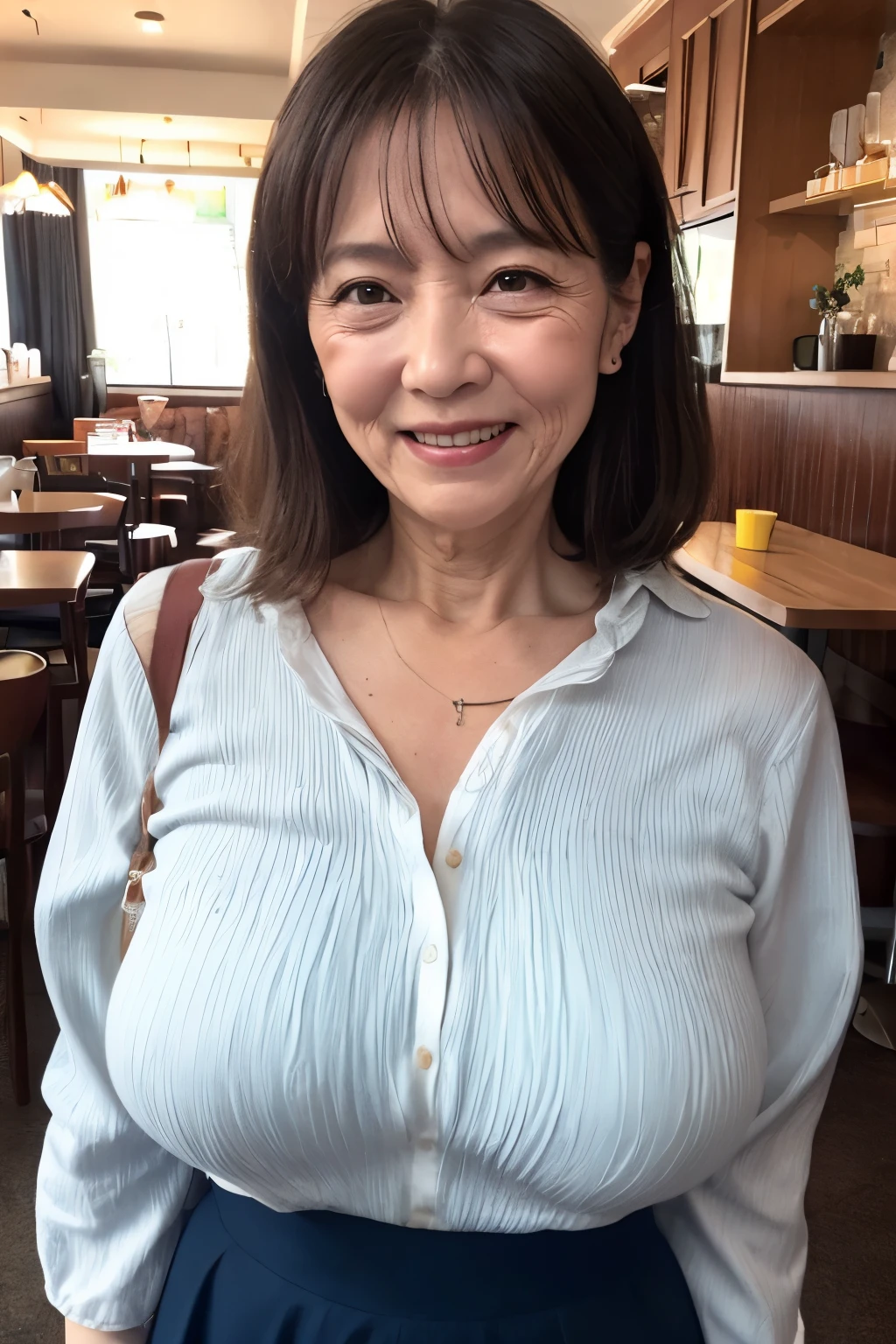 58-year-old woman、(((Wrinkles on the face)))、Laugh、cafes、parka、skirt by the、Colossal tits、