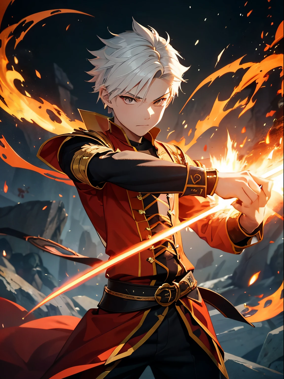 Generate a captivating image of a young boy, fierce, and proud fire-type magic swordsman, embodying the intensity and passion of youth. Envision a determined warrior with a blazing spirit, standing confidently with a sword enveloped in flames. Picture a dynamic scene where the character showcases both the prowess of swordsmanship and the mastery of fire magic
