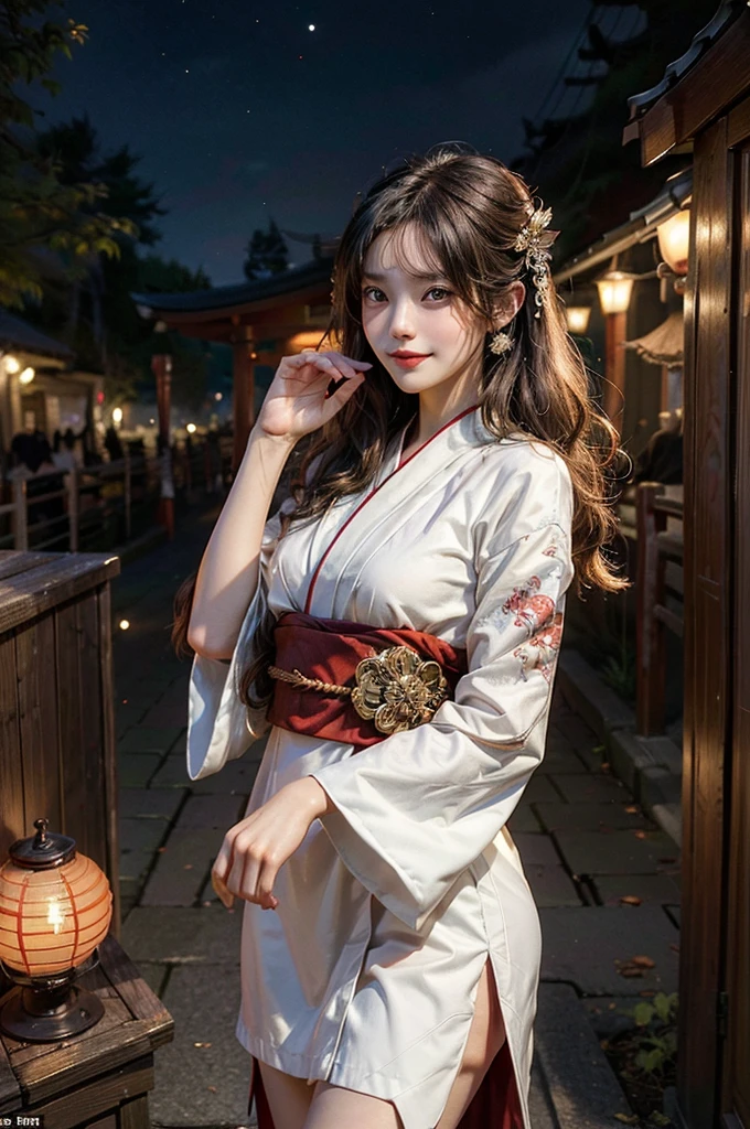 (masutepiece:1.3, Photorealsitic:1.4, 8K), top-quality, ​masterpiece, 超A high resolution, Professional camera work, Grow Light Effect, Realistic portrait, Cinematic Light, Highly detailed skin and facial texture:1.3, The ultra-detailliert, A detailed eye, Detailed limbs, autumn night, Precincts of the shrine:1.2, Autumn foliage scenery:1.2, 1girl in, Cute sexy 22 year old slim woman, Fair skin, ((Natural smile:0.9, Totally captivates you:1.0)), (Facing the front, Calm pose), ((accurate shrine maiden costume)), ((voluptuous breasts:0.9)), (Beautiful blue eyes, Eyes that feel beautiful eros:0.85), Sexy face:0.4, (A mouthfeel that feels beautiful eros:0.85), ((Too cute beauty:0.9))