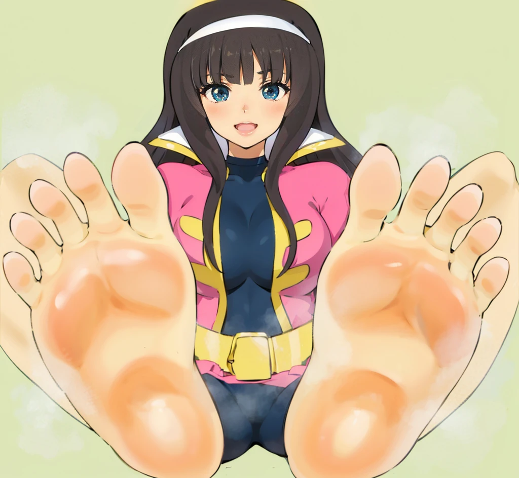 Anime girl with big hands and big feet in pink and yellow costume, hands behind her body pose!, shrugging arms, nanogirl, Pose(Arms up + Happy), Expose your arms, full body zenkai! asuka suit, Anime Manga Robot!! Anime Girl, Portrait of a female anime hero, anime girl of the future, holding a pudica pose、sole of feet、Sentai Heroine, Kaizoku Sentai Gokaiger, Gokai Pink, i&#39;M de famille