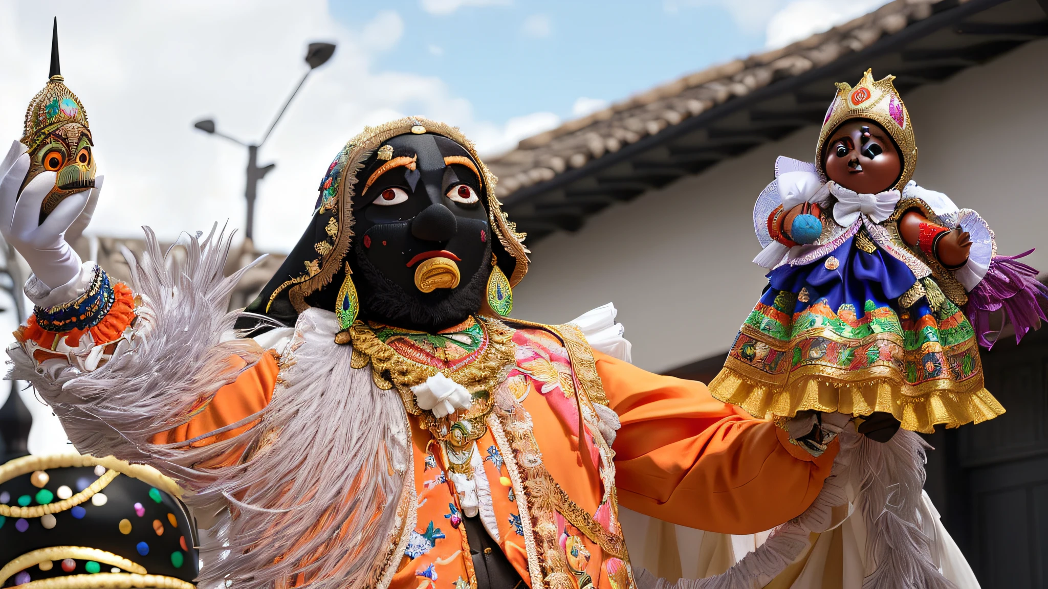 Araffe dressed up and holding a child in a parade, carnaval de barranquilla, elaboradamente disfrazado, ornate mask and fabrics, Disfraz elaborado, White man wearing black cloth mask, Carnaval de Brasil, Festival de colores ricos, Carrozas Carnaval, cara negra, Traje tradicional, black pulcinella mask, Cara de Mad Pulcinella, profusamente vestido