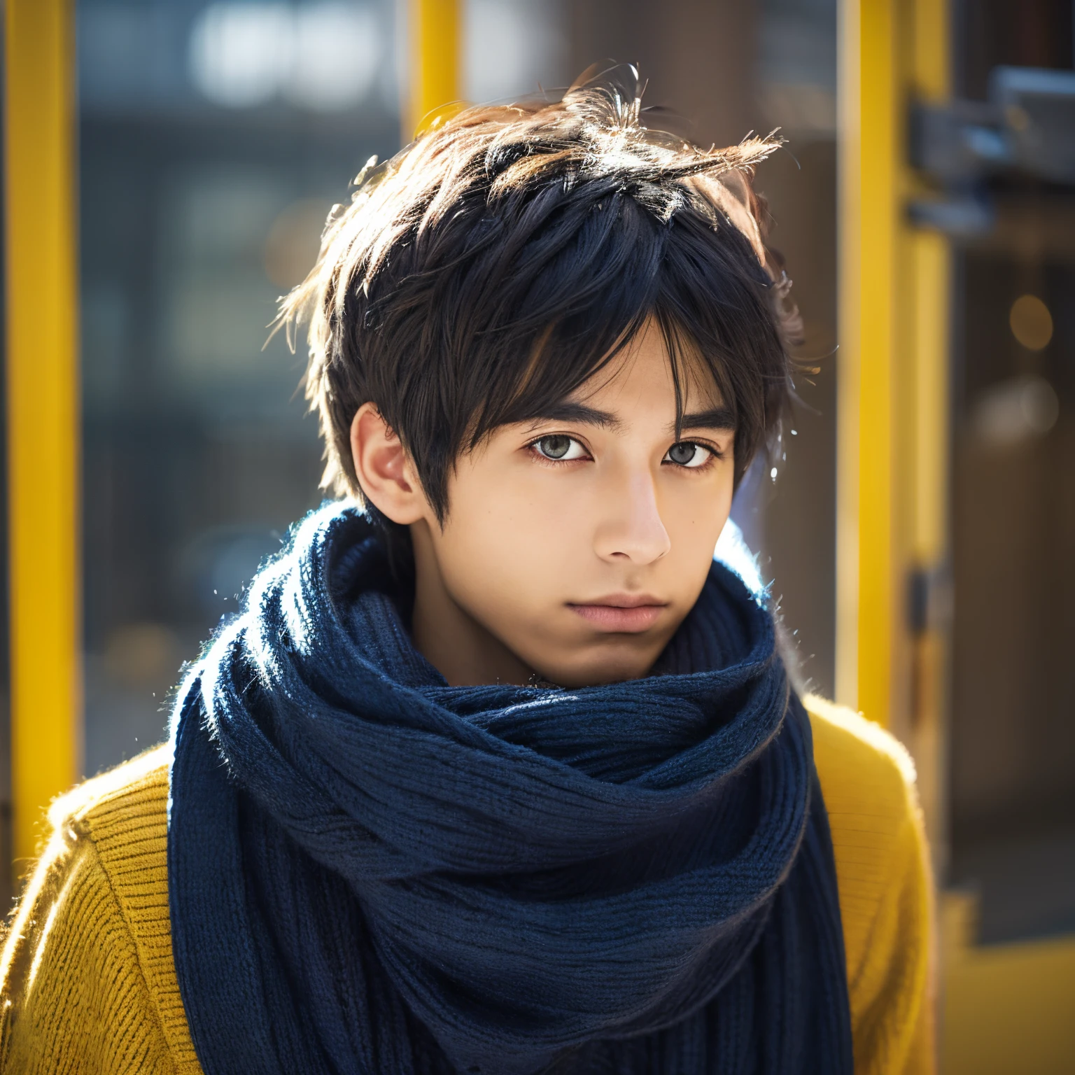 animesque,male child,Indigo hair,Mashed Hair,Yellow cat eyes,a cool,Winters,yuki,muffler