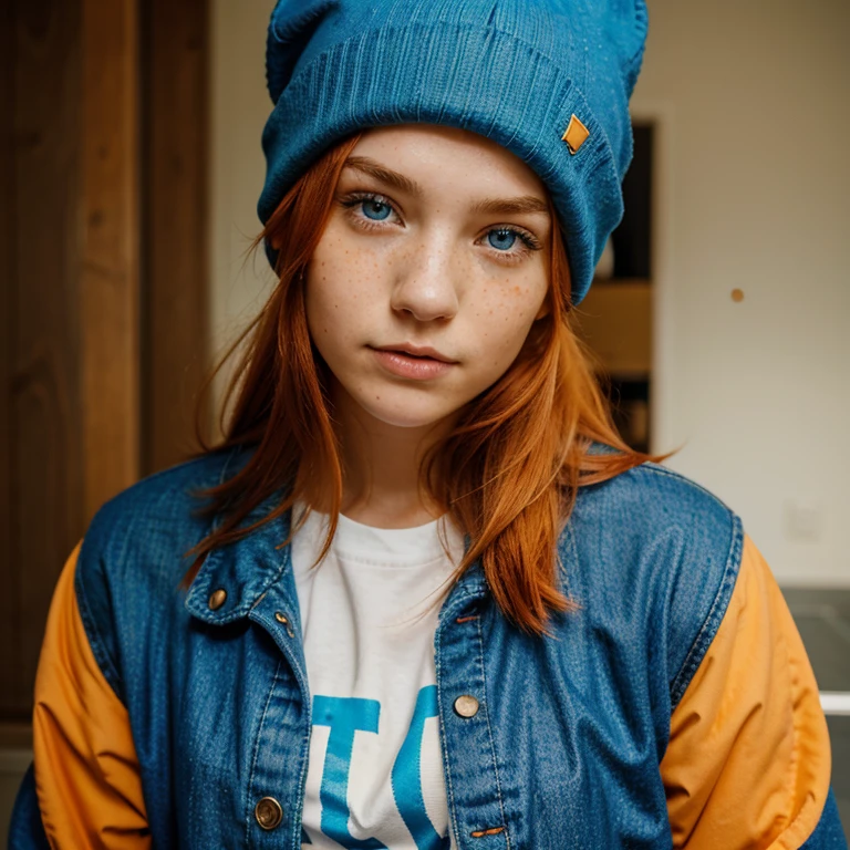 Teenage girl, blue hat, orange hair, blue eyes, freckles, blue jacket