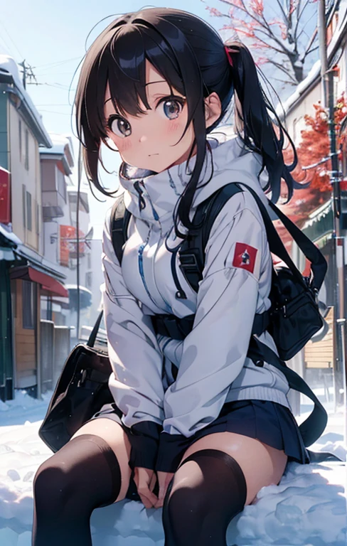masutepiece, Best Quality, hight resolution,Anime girl sitting on a snowboard in the snow with trees in the background, In the snow, in snow, (Snow), at winter, yuruyuri, akiko takase, winter snow, Illustration!, snowy day, Inspired by Miwa Komatsu, lain iwakura, yuru camp, tsugumi ohba, snow snow, aya takano color style,knee sox