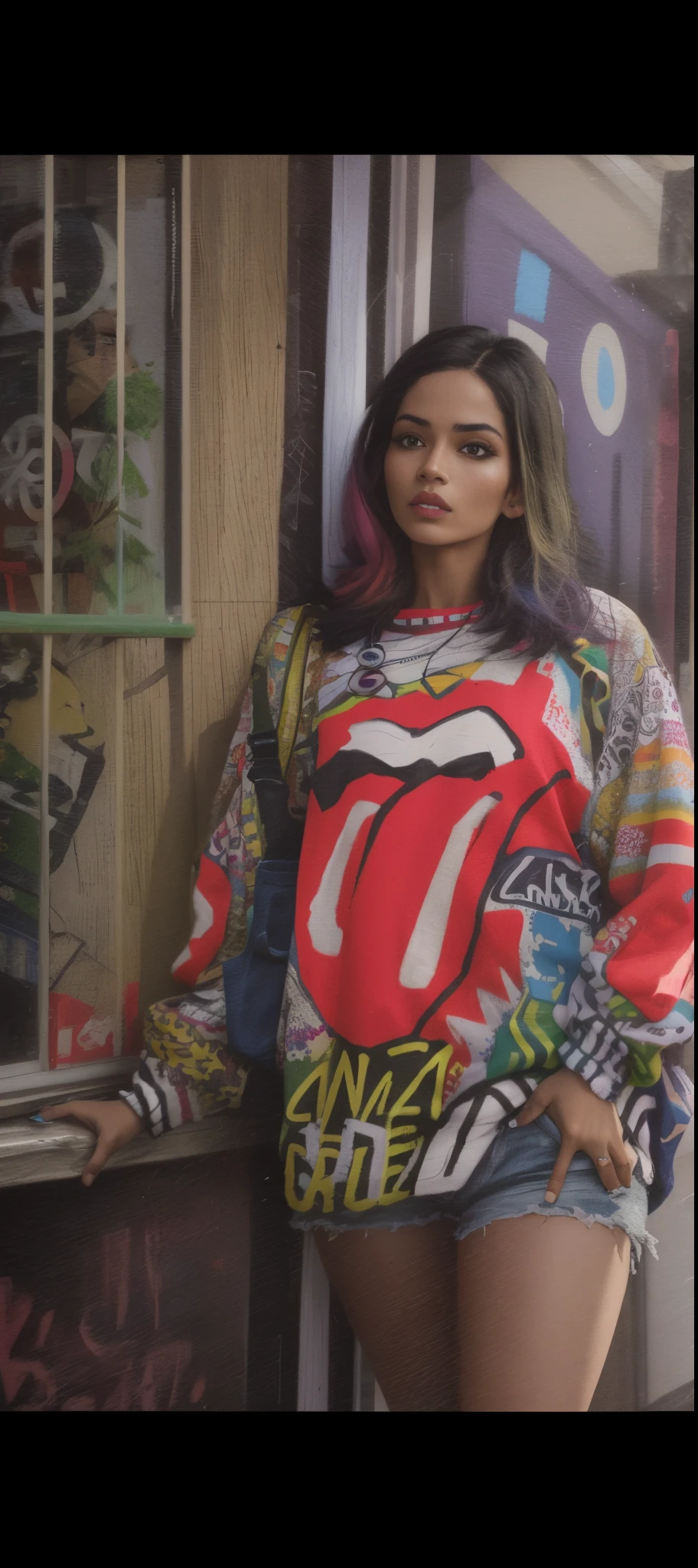 arafed woman in a colorful shirt standing in front of a window, wearing a designer top, wearing a colorful coogi sweater, digital art!!, candid photo, profile photo, with fashion clothe, toyism, she is wearing streetwear, with pop punk style, ((oversaturated)), popart, profile picture, inspired by Mym Tuma, potrait