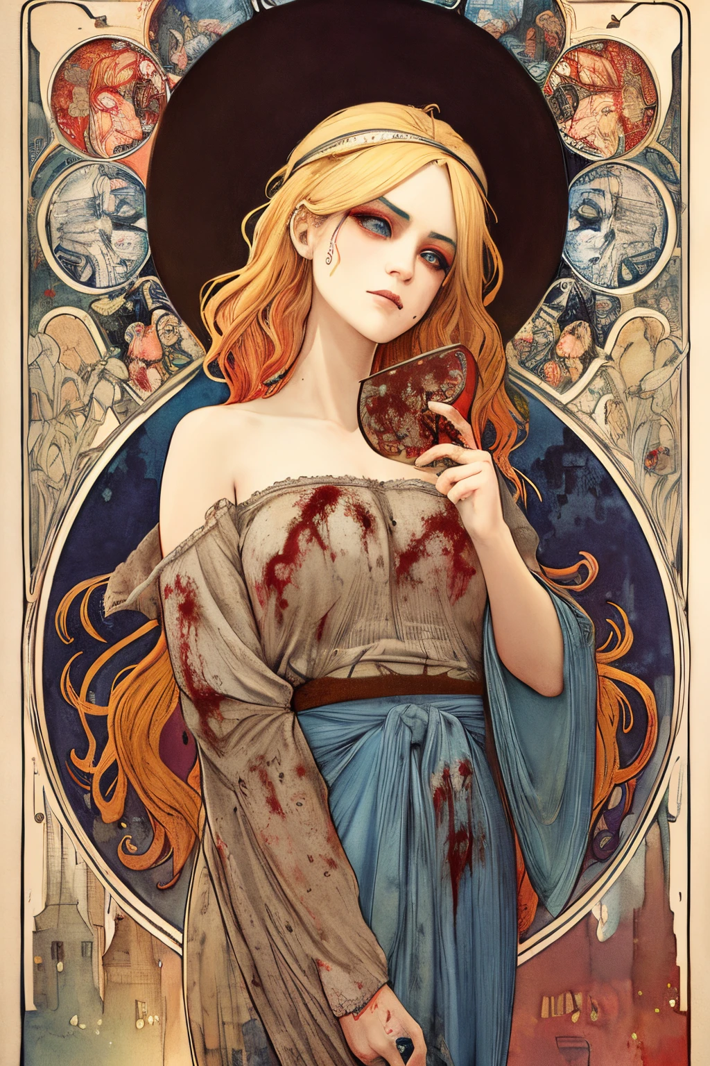 SFW,masutepiece, Best Quality, High resolution, 1girl, upper body, Details , detail hands, Detail fingers, Detail Face, detail legs, watercolor paiting, in graveyard, blonde hair, long hair, wavy hair, tattered clothes, blue eyes, zombie, skull, bone, (art nouveau:1.25), Maximalism artstyle, neon theme, suprematism, crying, beautiful detailed eyes,hyper detailed, beautifuly color, high details, high quality, back light, upper body , high quality, hair with body, cluster amaryllis, zombie, knife, blood, blue skin