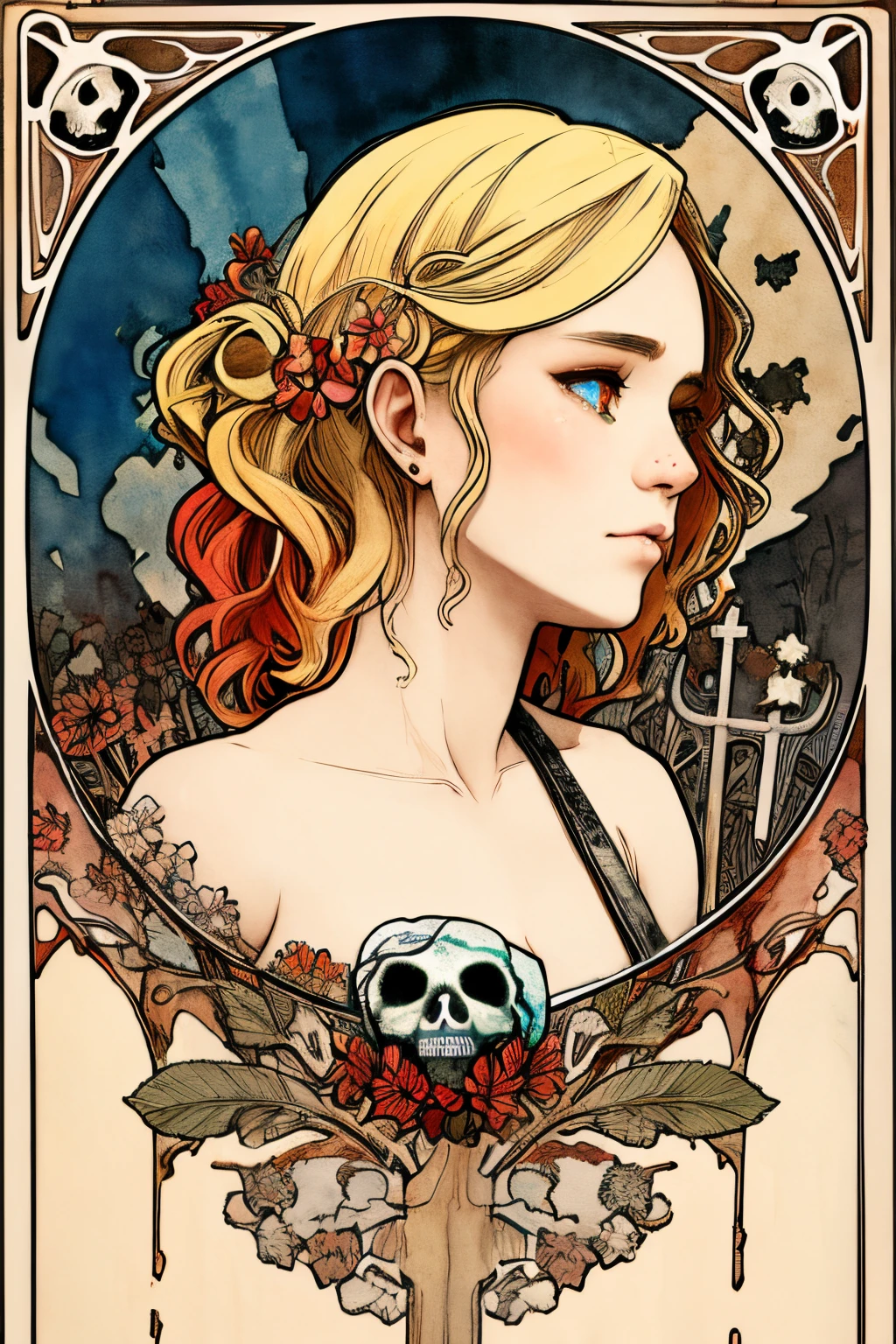 SFW,masutepiece, Best Quality, High resolution, 1girl, upper body, Details , detail hands, Detail fingers, Detail Face, detail legs, watercolor paiting, in graveyard, blonde hair, long hair, wavy hair, tattered clothes, blue eyes, zombie, skull, bone, (art nouveau:1.25), Maximalism artstyle, neon theme, suprematism, crying, beautiful detailed eyes,hyper detailed, beautifuly color, high details, high quality, back light, upper body , high quality, hair with body, cluster amaryllis, zombie, knife, blood, blue skin