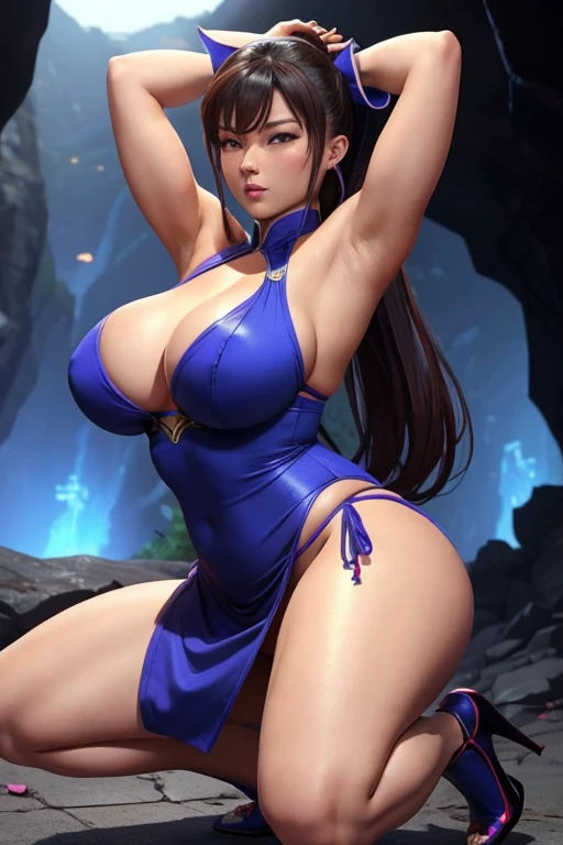 Big Breasts, Thick Thighs, Chun-Li Squatting, hands behind head, wearing a thong, Chinese dress, high heels, Scary cave, surrounded by ugly women