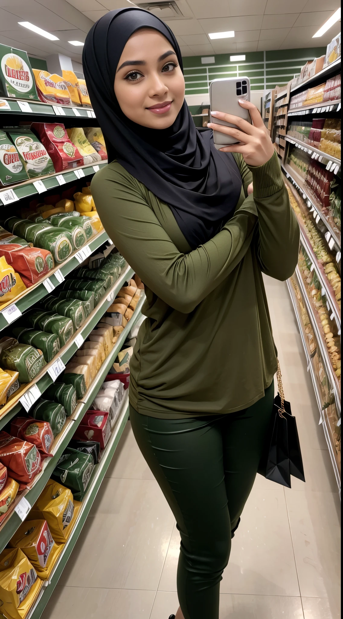RAW, Best quality, high resolution, masterpiece: 1.3, beautiful Malay woman in hijab, big gorgeous eyes, smiling, woman in a green shirt and black pants holding up a cell phone, olive green, army girl outfit, with beautiful colors, skinny waist and thick hips, green clothes, wearing tight simple clothes, her wardrobe is attractive, stood in a supermarket, shopping groceries, green tunic, hijab, women full body, with lovely look, casual pose