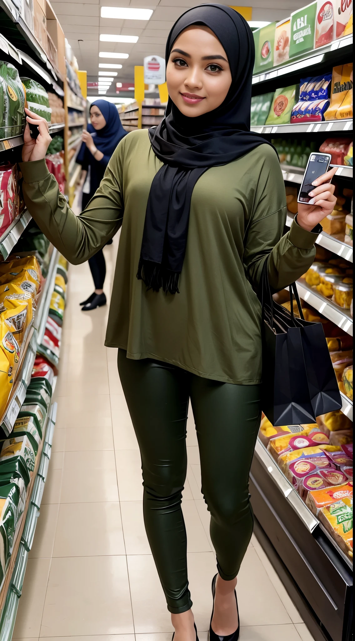 RAW, Best quality, high resolution, masterpiece: 1.3, beautiful Malay woman in hijab, big gorgeous eyes, smiling, woman in a green shirt and black pants holding up a cell phone, olive green, army girl outfit, with beautiful colors, skinny waist and thick hips, green clothes, wearing tight simple clothes, her wardrobe is attractive, stood in a supermarket, shopping groceries, green tunic, hijab, women full body, with lovely look, casual pose