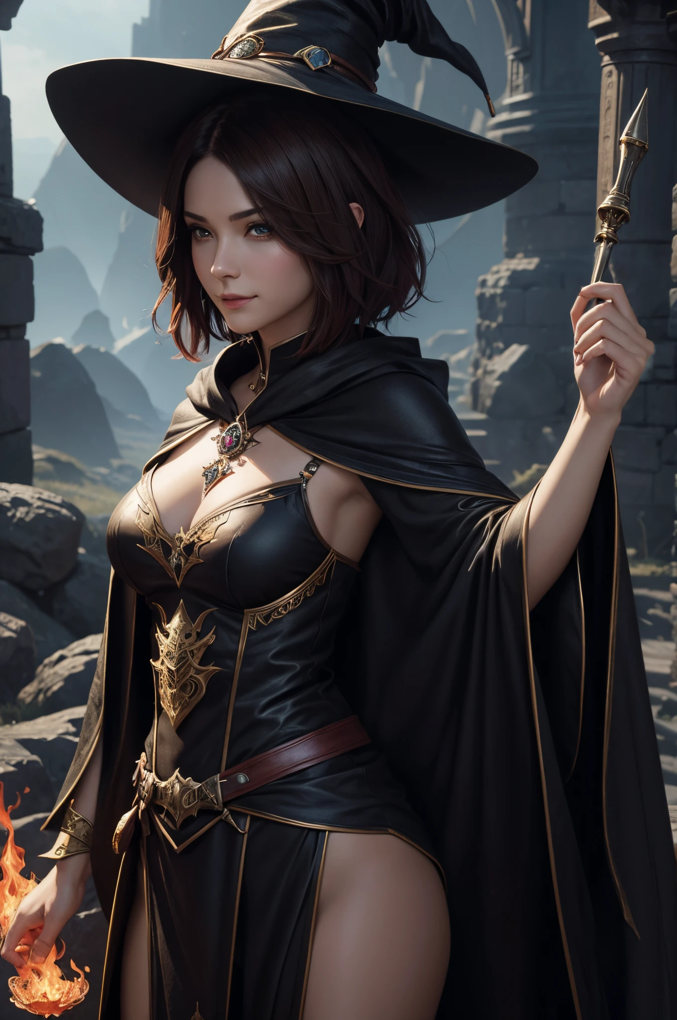 8k,A witch wearing a hat and cloak smiles and takes a photo, brown hair short bob hair,red and black costume,fantasy artスタイル, 素晴らしいcharacter art, fantasy concept art portrait, fantasy art, Portrait of a female magician, 壮大なfantasy artスタイル, 壮大なfantasy artポートレート, fantasy art, Alexandra Fomina Art Station, 8Kfantasy art, beautiful magician, 壮大な絶妙なcharacter art,超A high resolution,big red gem amulet,look at the audience,laughter,small breasted witch,masterpiece,Photorealistic RAW photos of the highest quality。Backlight, cinematic lighting, film grain, to be born, 50mm lens, Nikon D850,realistic skin,fantasy art,character art,ultra high resolution,action scene,fighting pose,Big Magic Circle,
