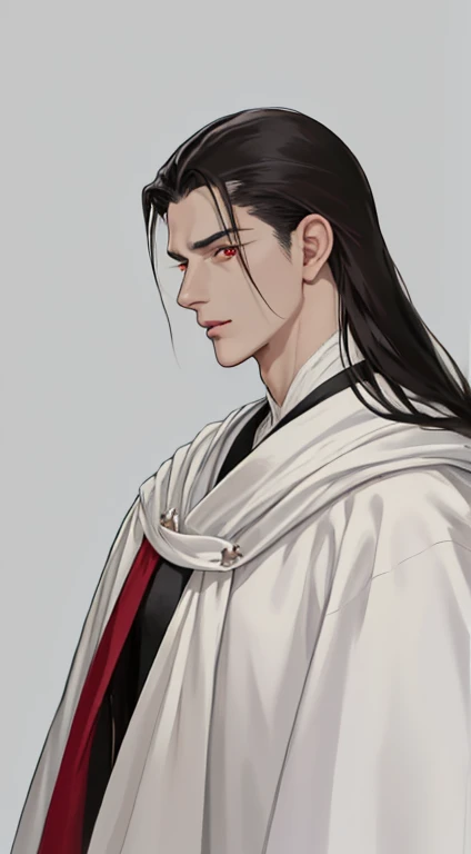 focus face, delicated eyes, masterpiece, best quality, realistic, 1man, male focus, male model, tall muscular, handsome, closed mouth, white robe, portrait, extremely detailed face, long black hair, hair claw up, flying bangs, dark red eyes, grey background, simple background, SIDE VIEW, looking at the viewers, 60 year old man