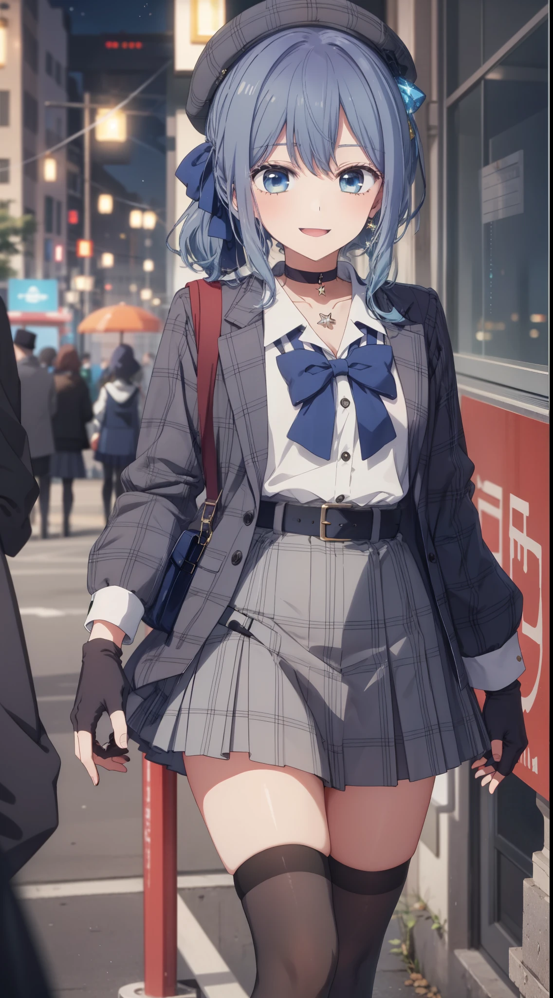 Hoshimachisuisei, Suiseihoma, Blue eyes, Blue hair, Choker, hair between eye, Medium Hair, Side Ponytail, star choker,
Blake Ascot, Asymmetrical legwear, Belt bag, beret, Black Gloves, Blue Ascot, Blue belt, blue bow, Blue choker, Bow, buttoning, Choker, Collared shirt, diadems, gloves, Gray hat, Grey jacket, grey skirt, hat, Jacket, Jewelry, knee high, Long sleeves, Miniskirt, mismatched legwear, partially fingerless gloves, Pendants, Plaid, Plaid jacket, plaid skirts, Shirt, single kneehigh, single sock, Skirt, skirt set, sox, star choker, star print, Thigh strap, Uneven legwear, White shirt,(((anime styled)))、(((2D)))、A smile、Open your mouth、8K、Shining eyes、(((a closeup)))