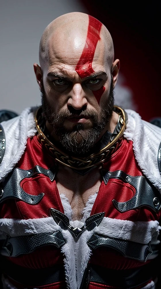 1man, (masterpiece: 1), (a close up of a man with a bald head in a santa costume), portrait of kratos, kratos, ((man of a pale skin)), god of war, detailed santa outfit, red and white clothes, detailed eyes, high details on face, (scar on 1eye, detailed red mark on the face) BREAK ((santa hat on the head, santa claus costume)) BREAK mad face, mad, epic portrait of menacing, game character, game in real life BREAK ultra-realistic game, realistic image, quality max, max resolution, ultra-realistic, ultra-detailed, maximum sharpness BREAK close-up, simple background,