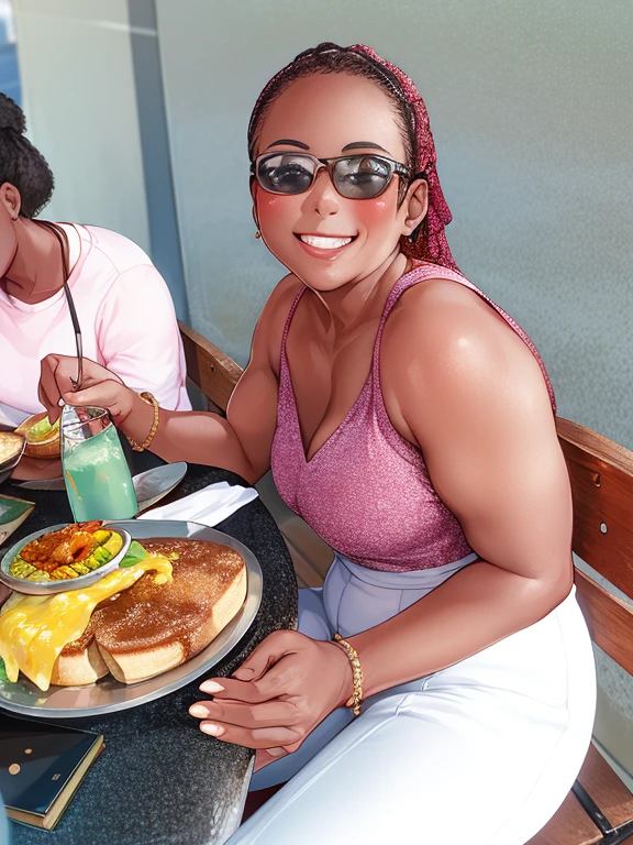 smiling woman sitting at a table with a plate of food, eating outside, 😭🤮 💔, taken with the best dlsr camera, stunning woman, on a bright day, mid 2 0's female, gorgeous lady, low quality photo, mukbang, with brown skin, 2 9 years old, taken with a leica camera, shot on nikon z9