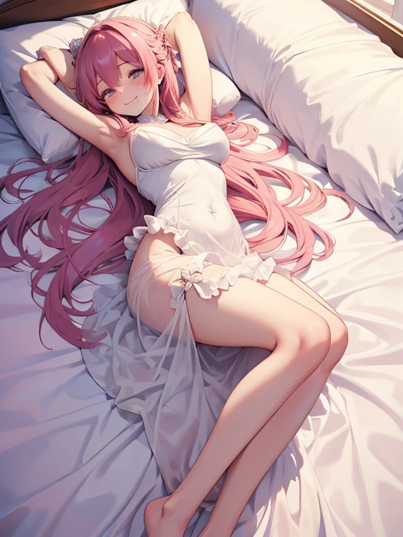 lying on top of a long body pillow with arms and legs wrapped around it, goddes beautiful angel, medium large breast, tulle flowin garment, caring smile, blushed, looks happy, 32K,