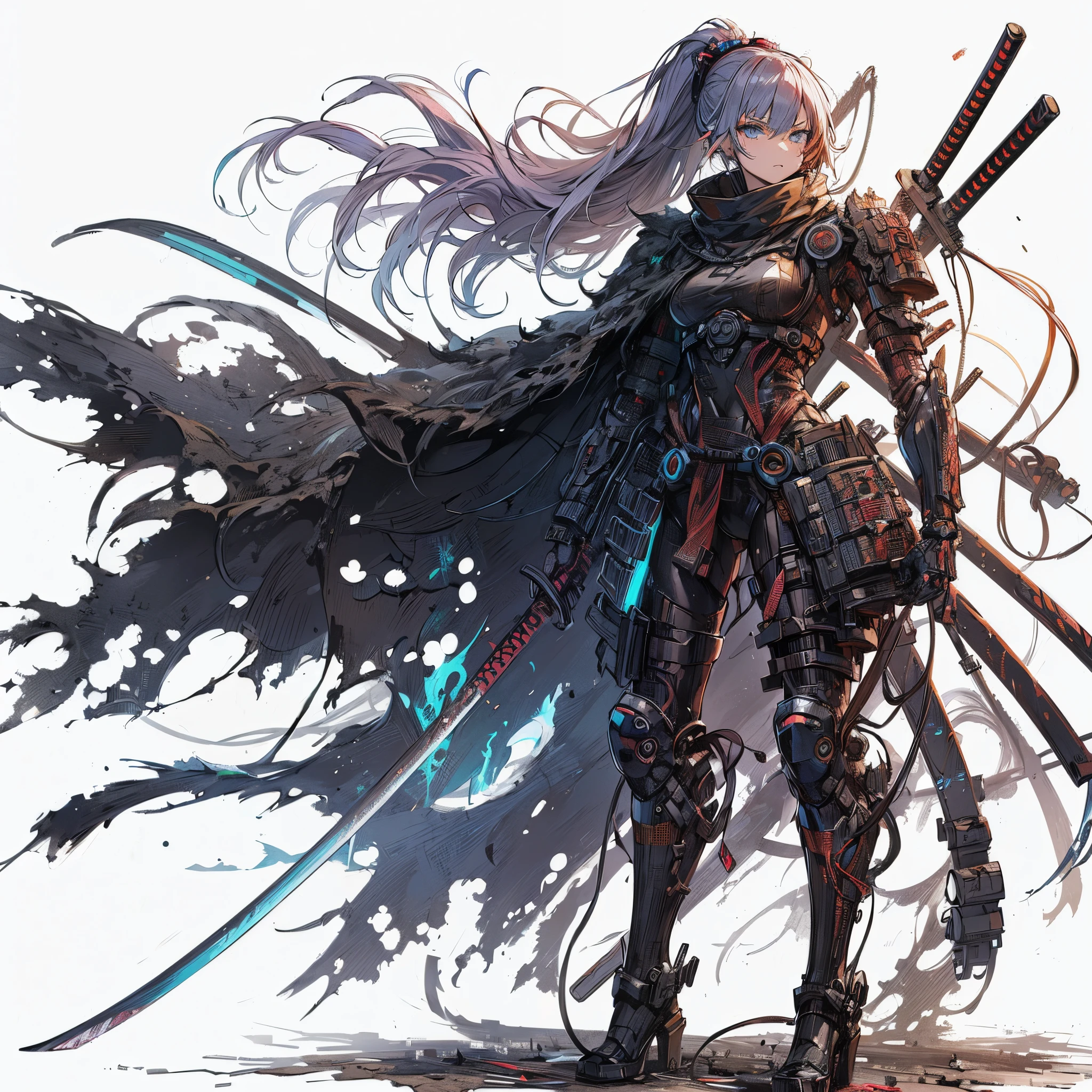 (masutepiece, Best Quality), ultra-detailliert, Anime style, Full body, Solo, Cyberpunk Samurai Girl, Tattered high-tech armor under a torn cloak, Cyber KATANA held, wearing high-tech boots, Standing in the wasteland, Digital Painting, 8K High Resolution, trendy Art Station, White background, Whole body,