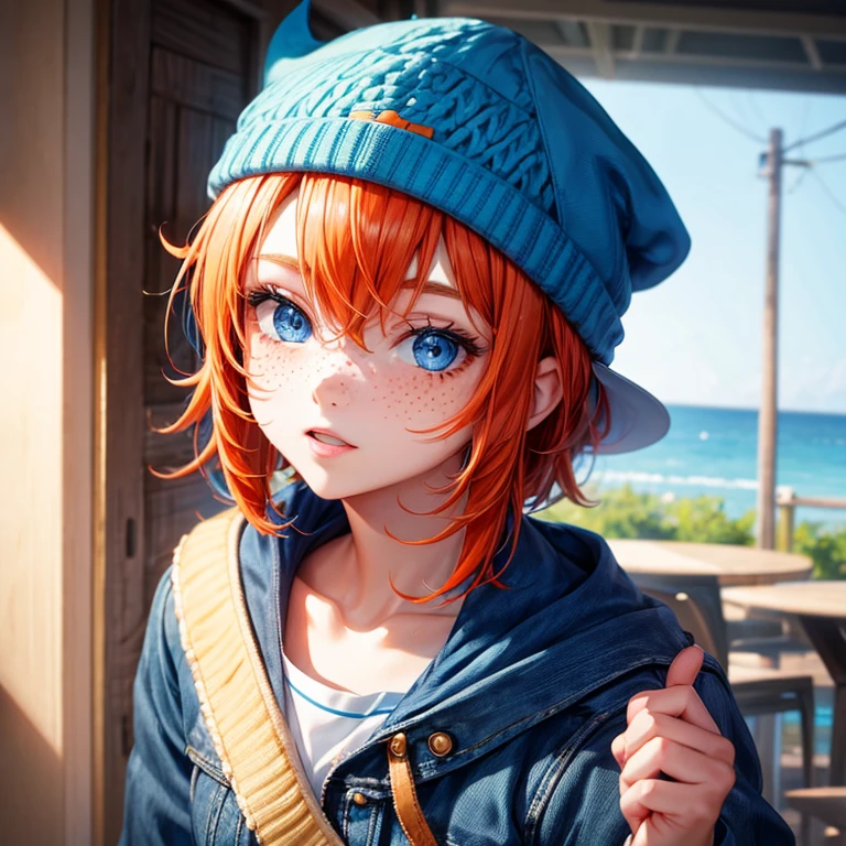  girl, blue hat, short light orange hair, blue eyes, freckles, blue jacket