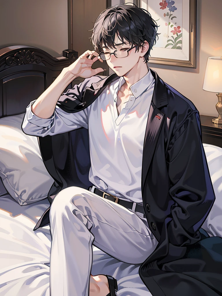in the simple bedroom, (put hand on her chest) for 1 adult man, Athletic Body, black short hair is all back, glasses, closed eyes, agony face, in a men's clothing, worry:1.5, masterpiece, ultra high res.
