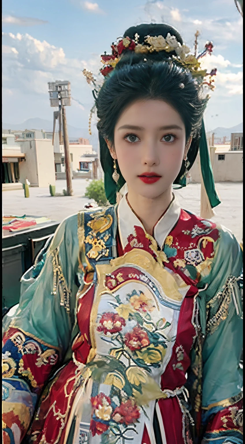 ((tmasterpiece)), ((high detal)), photography，real photograph， 20yr old，Woman in red and gold dress，Phoenix crown， in a skirt，silk dress，silk dress，((ultra - detailed)),((s delicate face)), 美丽细致的eyed睛, (to emphasize,Gradient hair),long whitr hair, Fluttering, ,hairs between eyes, GS head,1个Giant Breast Girl ,Alone,eyed,the original god_influencer,Just look at the audience, ((Faraway view)), Foot wide-angle shooting, Intense light and shadow, Cinema lenses，tmasterpiece，Super quality， A desert，Straight dress，silk dress，18yr old，largeeyes，Long hair curled up，Sunset afterglow，entire character，cropped shoulders，legs long，Full body lesbian，8K，Ultra-clear resolution，Ultra-fine painting，flat desert，distant horizon，Vast desert，sable，Dressed in a flowing manner、Silk traditional oriental clothing，decorated with intricate patterns and bright colors，Highlight her charming silhouette，((The background is a large flat desert)),tmasterpiece，Hyper-realistic and detailed paintings，epic fantasy digital art style，8K,wide wide shot，Diagonal composition，art of photography，（Extremely Delicately Beautiful），（tmasterpiece），（Best quality：1.0），（超A high resolution：1.0），beautiful light up，perfect lightning bolt，realistic shaded，[A high resolution]，delicate skin，ultra - detailed，slimfigure，legs long，Beautiful Meticulous Girl, hoang lap, Incredibly ridiculous, hugefilesize, ultra - detailed, A high resolution, The content is very detailed，Best quality，tmasterpiece，need,((tmasterpiece)), (Detailed pubic hair),Super refined，epic fantasy digital art style，This girl has long flowing hair，Silk Road，flat desert，Gobi，Vast desert，desolate and lonely，distant horizon，Sunset afterglow，((entire character)),hurricane，，Silk scarf fluttering in the wind，It was very windy，Big wind，It was very windy，Photos taken with a professional photography camera，Incredibly realistic textures,(1 girl away from camera:1.2), (super wide shot),