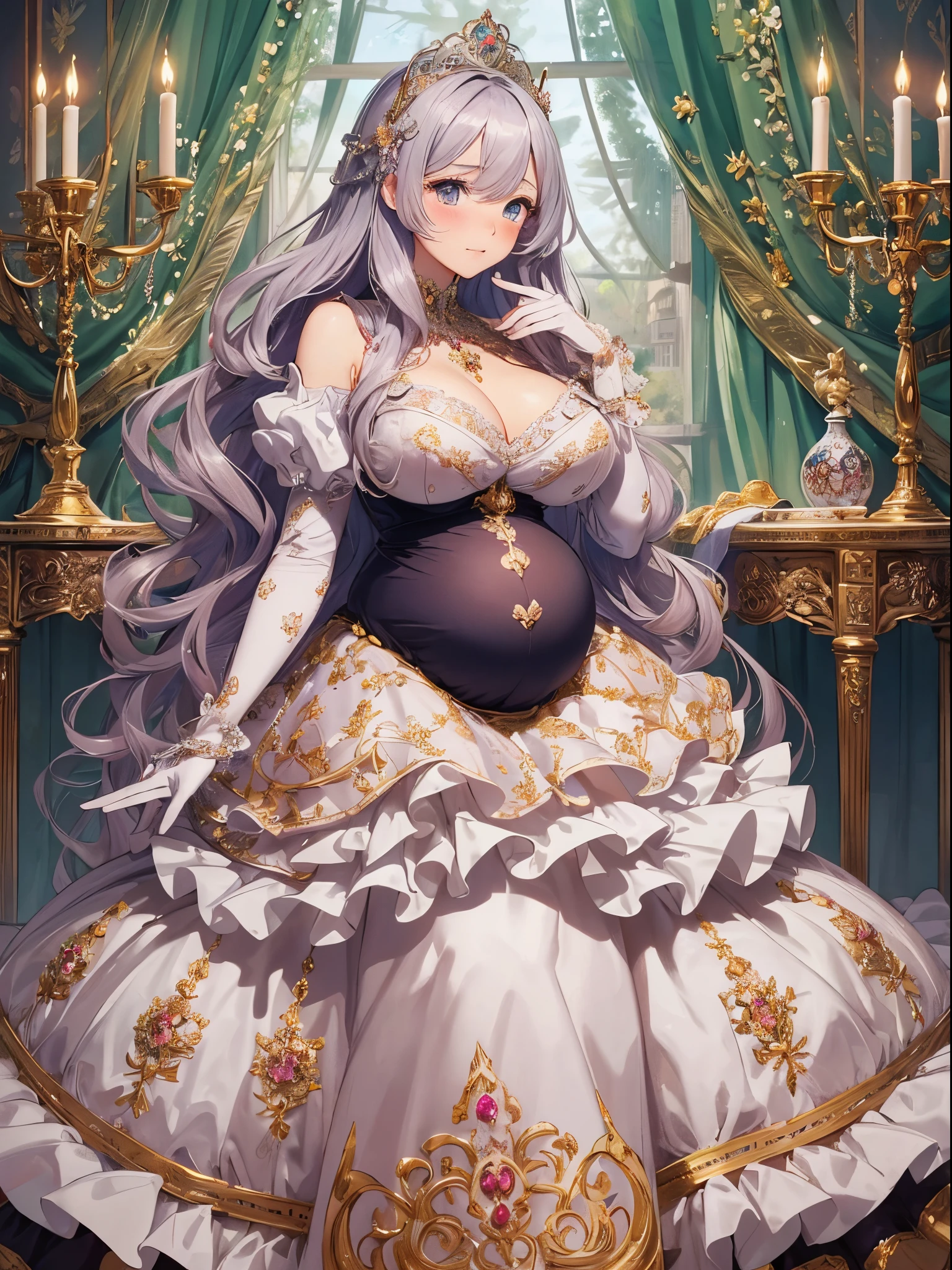 ultra-detailed, extremely detailed,((anime artstyle)),Masterpiece,(Best Quality),(Super Detail),(Very Delicate and Beautiful),((Solo)),((full body)),full body,((detailed face and eyes)),perfect eyes, rendered eyes,jewel-like beautiful eyes,((embarrassed,blush)),((1 pregnant princess in beautiful embroidery and jeweled gorgeous rococo ballgown with voluminous full length hoop skirt)),(((heavily pregnant))),((Crinoline,luxurious ruffles)),beautiful embroidery and jeweled gorgeous rococo ballgown with voluminous full length hoop skirt,(large amount of straight hair,extremely voluminous Very Long straight Hair,Absolutely Long Straight Hair),(((very gigantic boobs))),skindentation,Bursting breasts,cleavage,(fantasy castle,luxury palace),long_gloves,extremely gorgeousfull jeweled hair ornament,(bling-bling extremely gorgeousfull jeweled tiara),(luxurious jewelry),full body,beautiful embroidery and jeweled gorgeous rococo princess ballgown with voluminous full length hoop skirt