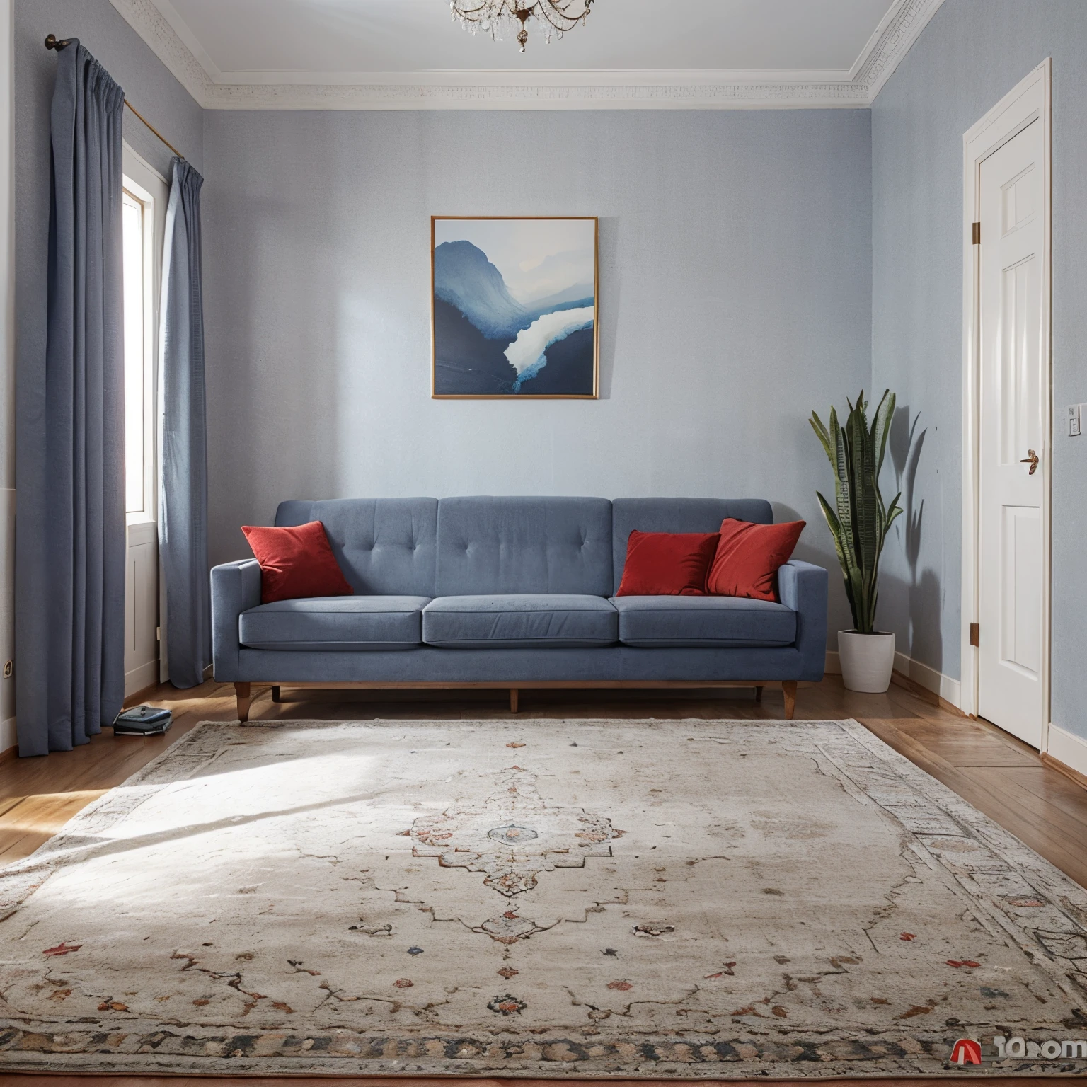 Design a hall room with a length of 720 x 600 cm with a gray and blue sofa and a red Iranian carpet  and white walls that has a modern and encouraging design, show the image.