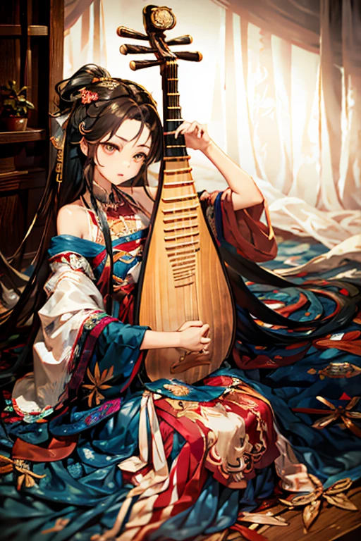 ************,1girl in, (Playing_pipes, Hold pipa), Flat breasts, Chest Overview, 
Long straight hair, (Black hair), off shoulder top, 
masutepiece, Best Quality, 8K