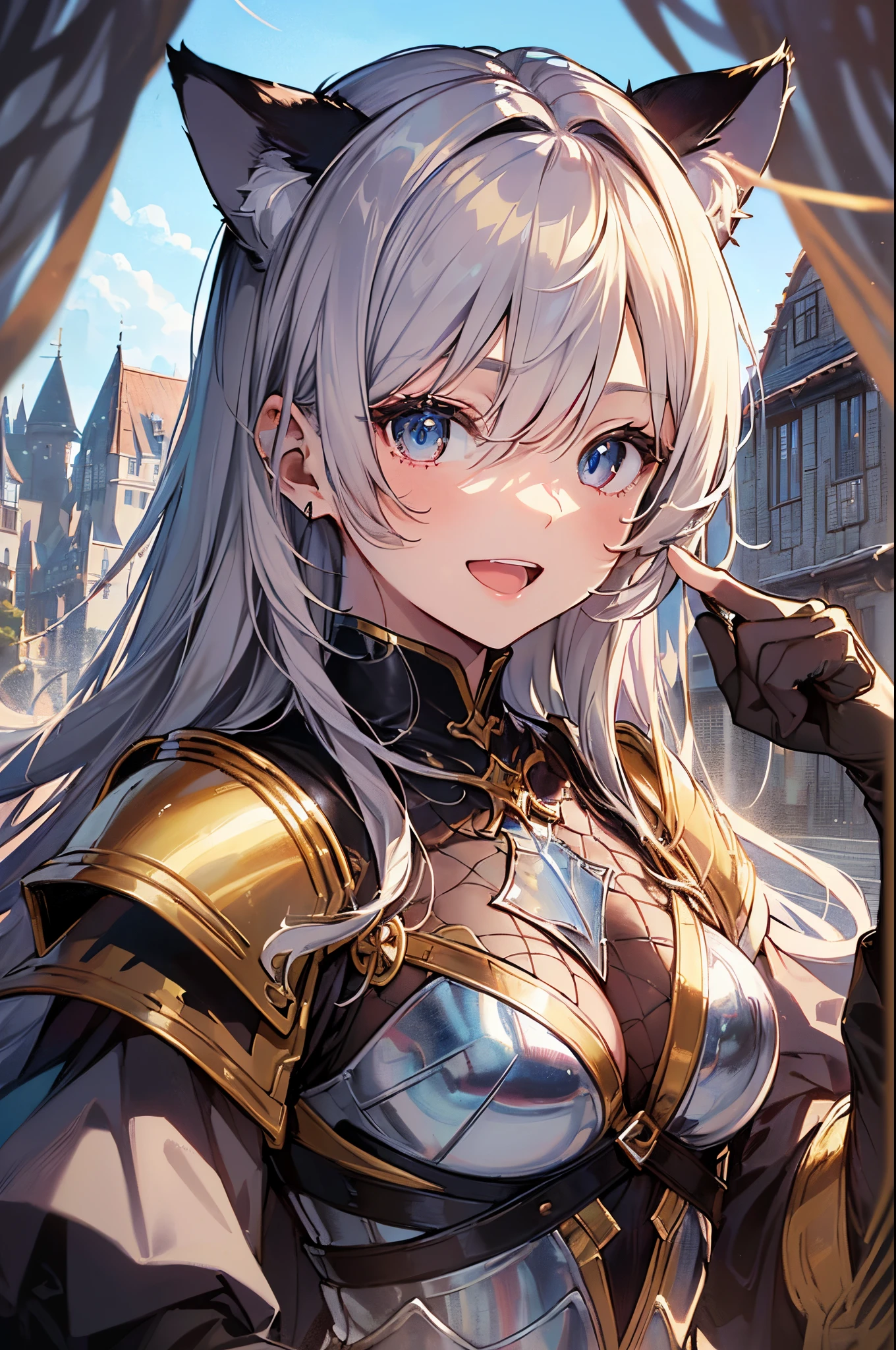 ((2D beautiful girl、top-quality、Perfect Finger 1.5、Perfect Anatomy 1.5、extremely delicate and beautiful illustration))、(Blur the background:1.3、(transform sequence)、((knight leotard))、ar old、(Beautiful Slender Girl)、Fractal Art、babye、((sht long hair))、Beautiful big drooping eyes:1.1、Small, Smile with open mouth、(Full body depiction:1.1)、(1 persons)、Medieval Inn、Cat's ears、armor、knight leotard、