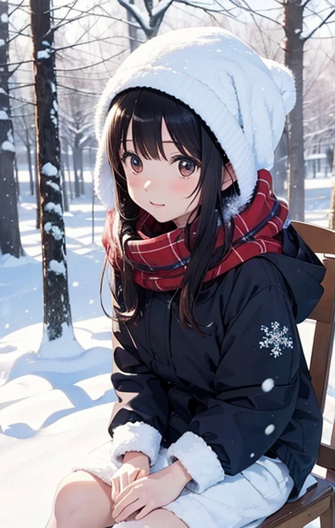 masutepiece, Best Quality, hight resolution,Anime girl sitting on a sled in the snow with trees in the background, In the snow, in snow, (Snow), at winter, yuruyuri, akiko takase, winter snow, Illustration!, snowy day, Inspired by Miwa Komatsu, lain iwakura, yuru camp, tsugumi ohba, snow snow, aya takano color style