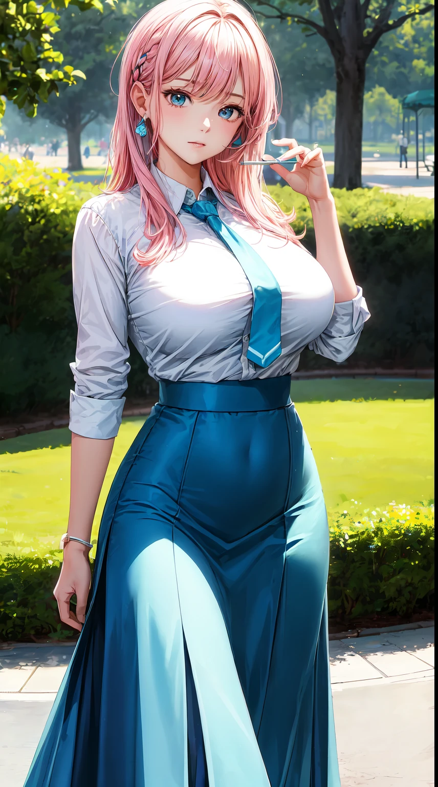 (masterpiece, top quality), 1girl, pink hair, (big breasts:1.3) (white shirt), (light blue tie), (light blue long skirt), in the park, standing, (close-up)