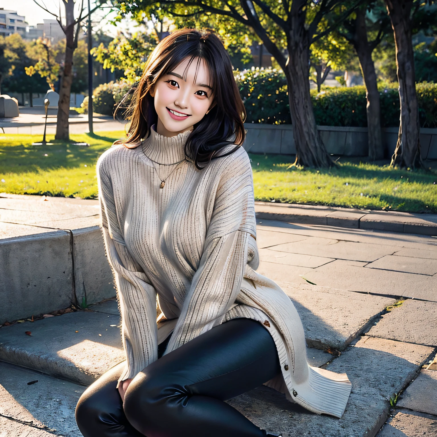 photorealistic, 20 year old, asian girl, full body, australian park, warm sweater, fingers hidden in sleeves, leggings, smile, evening lighting