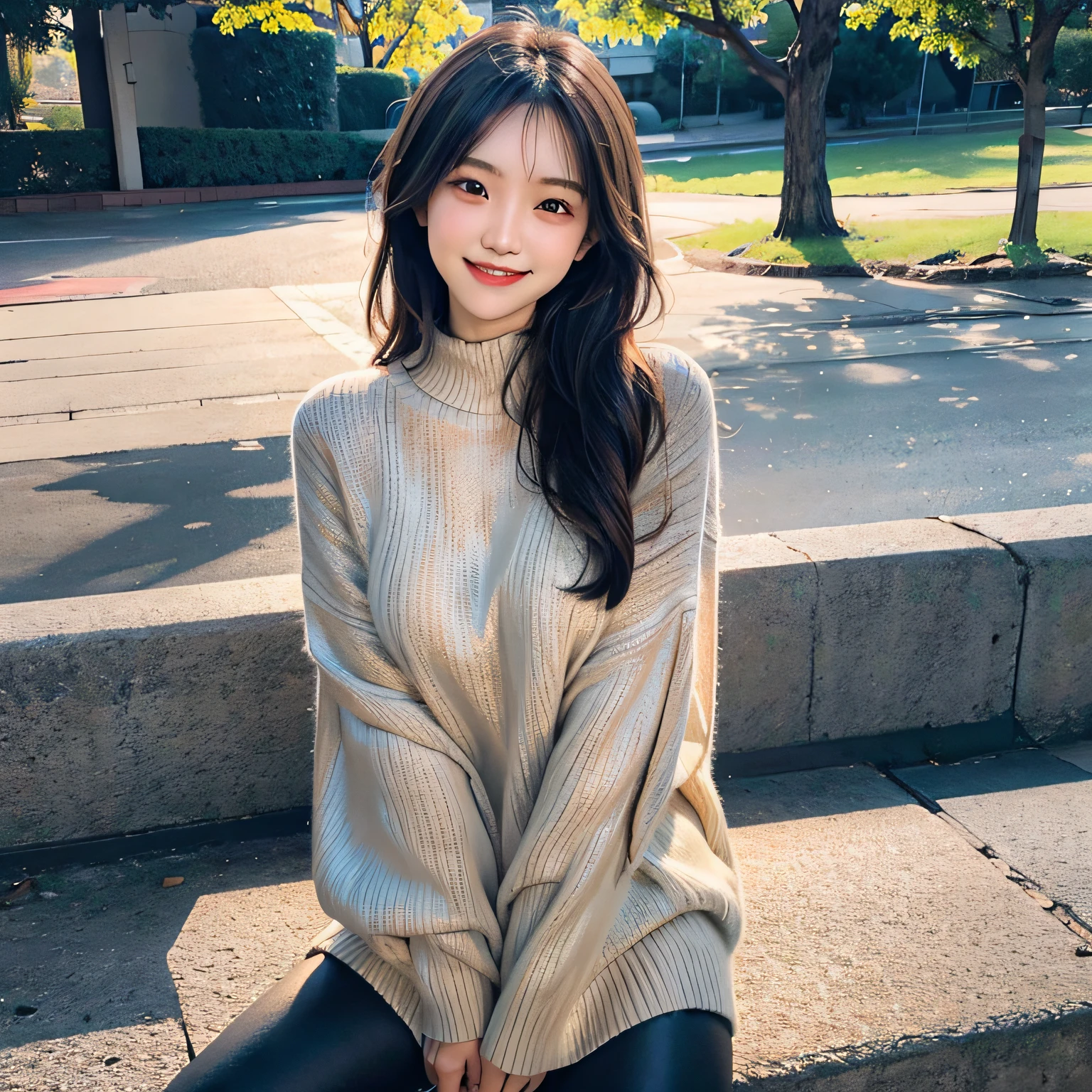 photorealistic, 20 year old, asian girl, full body, australian park, warm sweater, fingers hidden in sleeves, leggings, smile, evening lighting