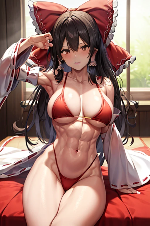 (reimu hakurei)、hair tubes、Hair Ribbon、Brown-eyed、Beautuful Women、(musculature、abdominals)、red blush、a bed