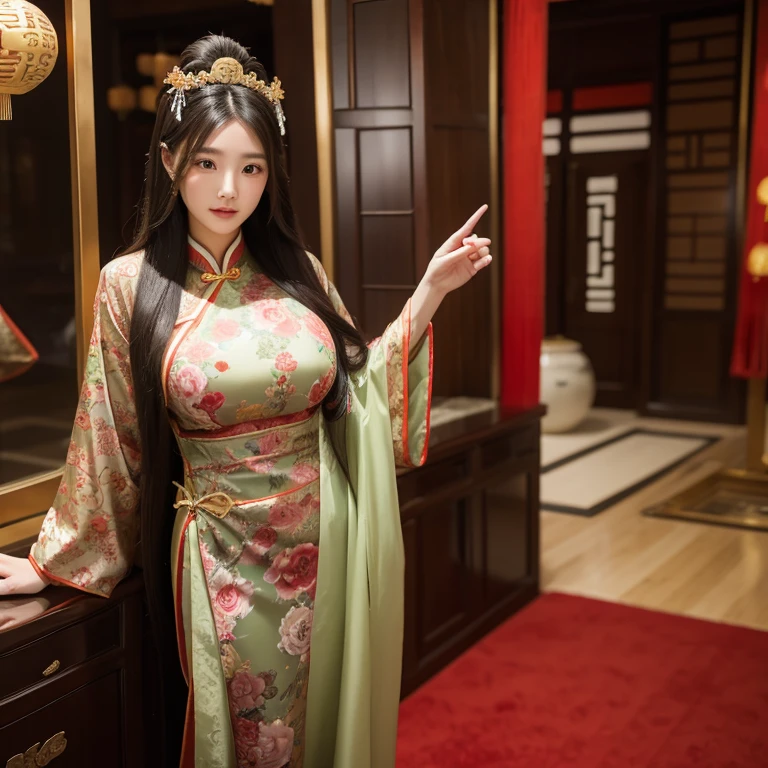 girl,long and flowing hair,Ancient Chinese beauty costumes,Slightly fat,Business suit,Bust photo,plumw