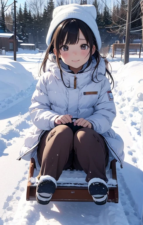 masutepiece, Best Quality, hight resolution,Anime girl sitting on a children&#39;s sled in the snow with trees in the background, In the snow, in snow, (Snow), at winter, yuruyuri, akiko takase, winter snow, Illustration!, snowy day, Inspired by Miwa Komatsu, lain iwakura, yuru camp, tsugumi ohba, snow snow, aya takano color style
