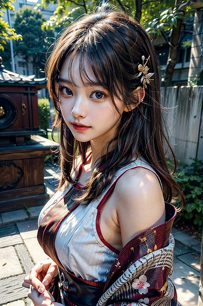 (masutepiece:1.3, Photorealsitic:1.4, 8K), top-quality, masterpiece, 超A high resolution, Professional camera work, Grow Light Effect, Realistic portrait, Cinematic Light, Highly detailed skin and facial texture:1.3, The ultra-detailliert, A detailed eye, Detailed limbs, autumn night, Precincts of the shrine:1.2, Autumn foliage scenery:1.2, 1girl in, Cute sexy 22 year old slim woman, Fair skin, ((Natural smile:0.9, Totally captivates you:1.0)), (Facing the front, Calm pose), ((accurate shrine maiden costume)), ((voluptuous breasts:0.9)), (Beautiful blue eyes, Eyes that feel beautiful eros:0.85), Sexy face:0.4, (A mouthfeel that feels beautiful eros:0.85), ((Too cute beauty:0.9))